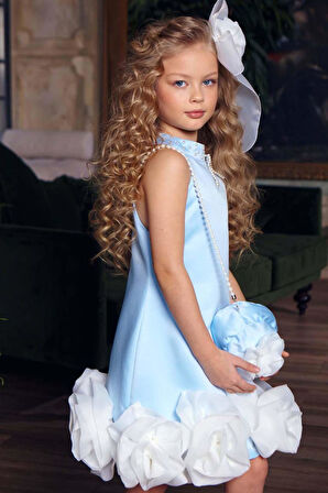 Kız Çocuk Dik Yaka İnci Detaylı Sıfır Kol Eteği 3D Gül İşlemeli Slim Kesim Mavi Elbise