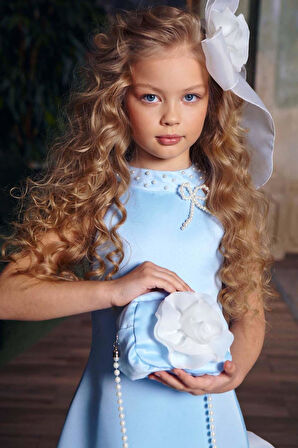 Kız Çocuk Dik Yaka İnci Detaylı Sıfır Kol Eteği 3D Gül İşlemeli Slim Kesim Mavi Elbise