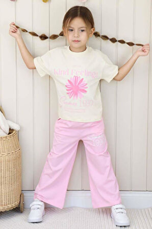 Kız Çocuk Üzeri Papatya Detaylı Ve Feeling Baskılı T-shirt Pembe Salaş Pantolon Alt Üst Takım