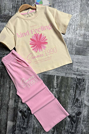 Kız Çocuk Üzeri Papatya Detaylı Ve Feeling Baskılı T-shirt Pembe Salaş Pantolon Alt Üst Takım
