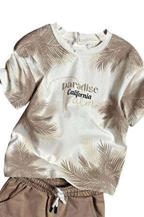 Erkek Çocuk Üzeri Palmiye Detaylı Ve Paradise California Baskılı T-shirt Bej Şortlu Takım