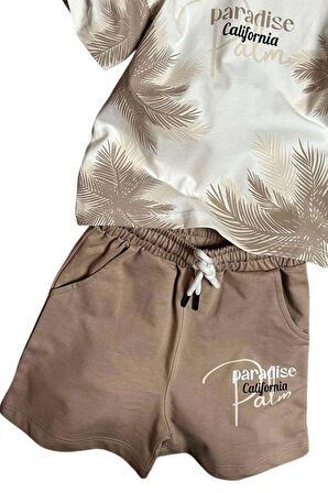 Erkek Çocuk Üzeri Palmiye Detaylı Ve Paradise California Baskılı T-shirt Bej Şortlu Takım