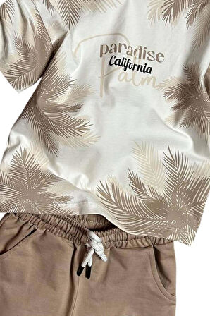 Erkek Çocuk Üzeri Palmiye Detaylı Ve Paradise California Baskılı T-shirt Bej Şortlu Takım