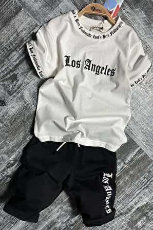 Erkek Çocuk Yakası ve Kol Uçlarında Yazı Detaylı LA Beyaz Şortlu Takım