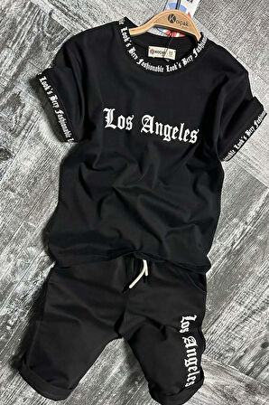Erkek Çocuk Yakası ve Kol Uçlarında Yazı Detaylı LA Siyah Şortlu Takım