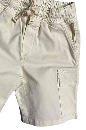 Erkek Çocuk İp Detaylı Çift Cepli Gabardin Krem Şort