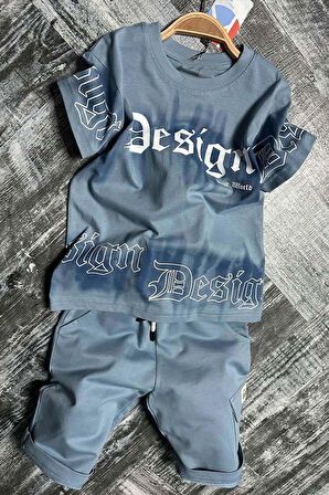 Erkek Çocuk Bisiklet Yaka Gradyan Renk Geçişli Design Mavi Şortlu Takım