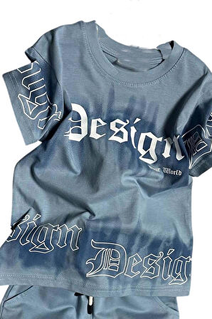 Erkek Çocuk Bisiklet Yaka Gradyan Renk Geçişli Design Mavi Şortlu Takım