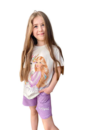 Kız Çocuk Üzeri Digital Bebek ve At Baskılı Yazı Detaylı T-shirt Lila Şortlu Takım