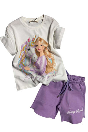 Kız Çocuk Üzeri Digital Bebek ve At Baskılı Yazı Detaylı T-shirt Lila Şortlu Takım