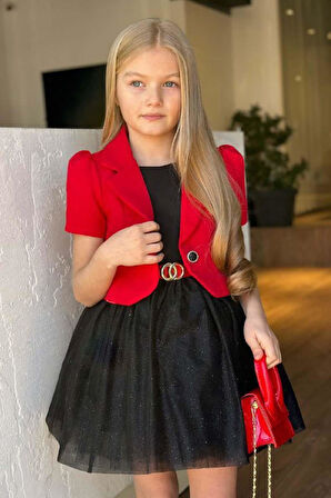 Kız Çocuk Karpuz Kol Blazer Ceket Sıfır Kol Eteği Simli Siyah Elbise