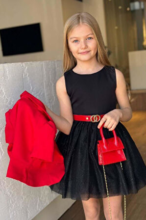 Kız Çocuk Karpuz Kol Blazer Ceket Sıfır Kol Eteği Simli Siyah Elbise