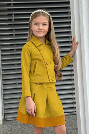 Kız Çocuk Asimetrik Kesim Gömlek Yaka Ceket Eteği Şerit Detaylı Pliseli Süet Hardal Etekli Takım