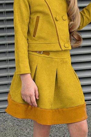 Kız Çocuk Asimetrik Kesim Gömlek Yaka Ceket Eteği Şerit Detaylı Pliseli Süet Hardal Etekli Takım