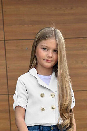 Kız Çocuk Gümüş Düğme Detaylı Beyaz Blazer Ceket Kalp Detaylı Jean Pantolon Alt Üst Takım