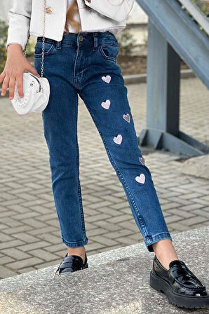 Kız Çocuk Gümüş Düğme Detaylı Beyaz Blazer Ceket Kalp Detaylı Jean Pantolon Alt Üst Takım