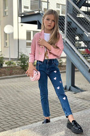 Kız Çocuk Gümüş Düğme Detaylı Pudra Blazer Ceket Kalp Detaylı Jean Pantolon Alt Üst Takım