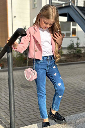 Kız Çocuk Gümüş Düğme Detaylı Pudra Blazer Ceket Kalp Detaylı Jean Pantolon Alt Üst Takım
