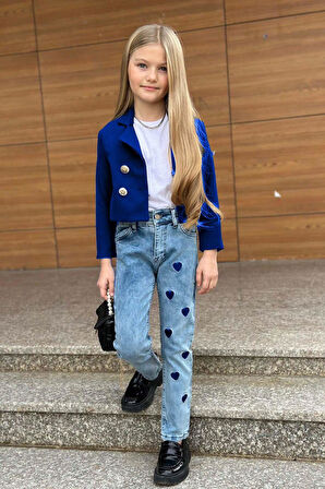 Kız Çocuk Gümüş Düğme Detaylı Lacivert Blazer Ceket Kalp Detaylı Jean Pantolon Alt Üst Takım