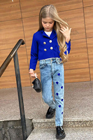 Kız Çocuk Gümüş Düğme Detaylı Lacivert Blazer Ceket Kalp Detaylı Jean Pantolon Alt Üst Takım