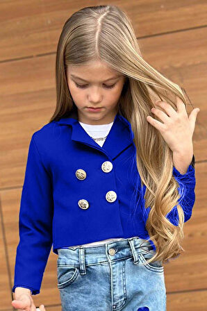 Kız Çocuk Gümüş Düğme Detaylı Lacivert Blazer Ceket Kalp Detaylı Jean Pantolon Alt Üst Takım