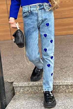 Kız Çocuk Gümüş Düğme Detaylı Lacivert Blazer Ceket Kalp Detaylı Jean Pantolon Alt Üst Takım