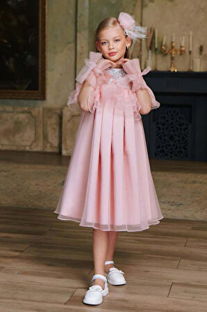 Kız Çocuk Omuzu Açık Yakası Taş İşlemeli Göğsü Fırfırlı İçi Astarlı Somon Abiye