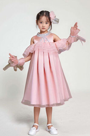 Kız Çocuk Omuzu Açık Yakası Taş İşlemeli Göğsü Fırfırlı İçi Astarlı Somon Abiye