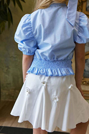 Kız Çocuk Balon Kol Üzeri Boydan Taş İşleme Asimetrik Kesim Mavi Gömlek Çiçek Motifli Etekli Takım