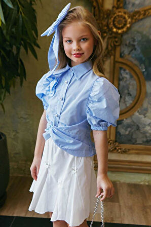 Kız Çocuk Balon Kol Üzeri Boydan Taş İşleme Asimetrik Kesim Mavi Gömlek Çiçek Motifli Etekli Takım