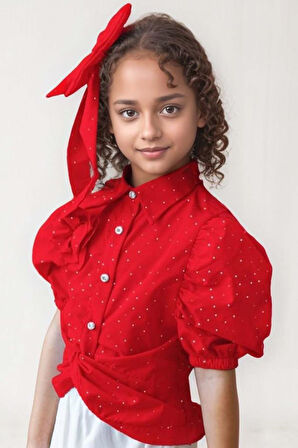 Kız Çocuk Balon Kol Üzeri Boydan Taş İşleme Asimetrik Kesim Kırmızı Gömlek Çiçek Motif Etekli Takım