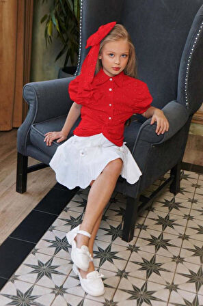 Kız Çocuk Balon Kol Üzeri Boydan Taş İşleme Asimetrik Kesim Kırmızı Gömlek Çiçek Motif Etekli Takım