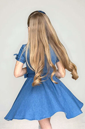 Kız Çocuk Gömlek Yaka Taş Düğmeli Üzeri İnci Yıldız İşlemeli Mavi Kot Elbise