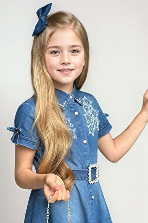 Kız Çocuk Gömlek Yaka Taş Düğmeli Üzeri İnci Yıldız İşlemeli Mavi Kot Elbise