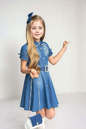 Kız Çocuk Gömlek Yaka Taş Düğmeli Üzeri İnci Yıldız İşlemeli Mavi Kot Elbise