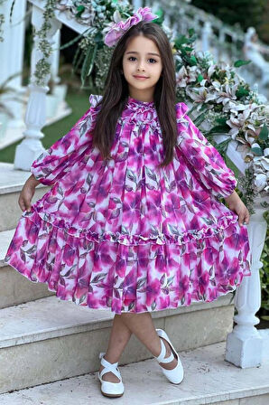 Kız Çocuk Yakası ve Omuzları Fırfır Detaylı Çiçek İşlemeli Pliseli Pembe Elbise