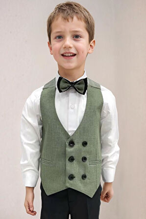 Erkek Bebek Takım Elbise Çizgili Yelekli Yosun Yeşili Alt Üst Takım