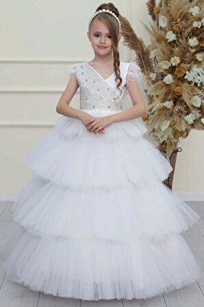 Kız Çocuk Gövdesi İnci Taş İşlemeli Kat Kat Tüllü Kolsuz Beyaz Abiye