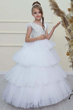 Kız Çocuk Gövdesi İnci Taş İşlemeli Kat Kat Tüllü Kolsuz Beyaz Abiye