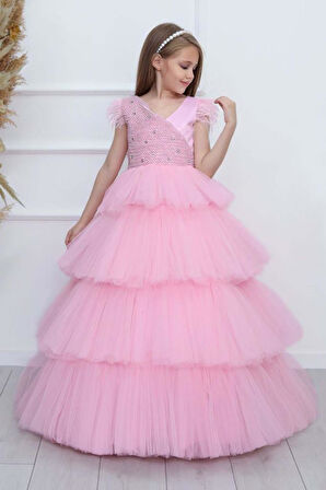 Kız Çocuk Gövdesi İnci Taş İşlemeli Kat Kat Tüllü Kolsuz Pembe Abiye