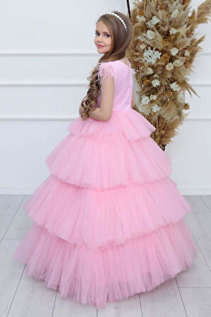 Kız Çocuk Gövdesi İnci Taş İşlemeli Kat Kat Tüllü Kolsuz Pembe Abiye