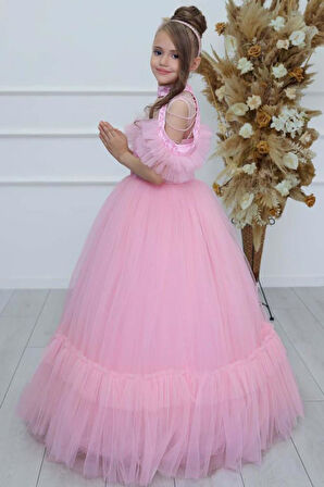 Kız Çocuk Göğsü Simli Jakar Detaylı Çıkarılabilir Yaka Omuzları İncili Kolsuz Pembe Abiye