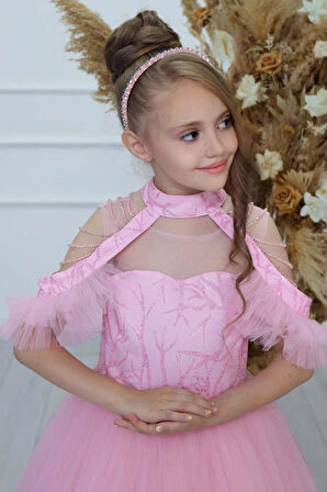 Kız Çocuk Göğsü Simli Jakar Detaylı Çıkarılabilir Yaka Omuzları İncili Kolsuz Pembe Abiye