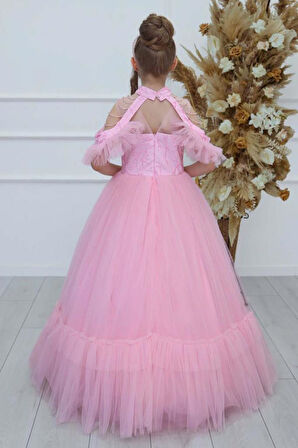 Kız Çocuk Göğsü Simli Jakar Detaylı Çıkarılabilir Yaka Omuzları İncili Kolsuz Pembe Abiye