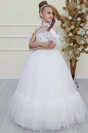 Kız Çocuk Göğsü Simli Jakar Detaylı Çıkarılabilir Yaka Omuzları İncili Kolsuz Beyaz Abiye