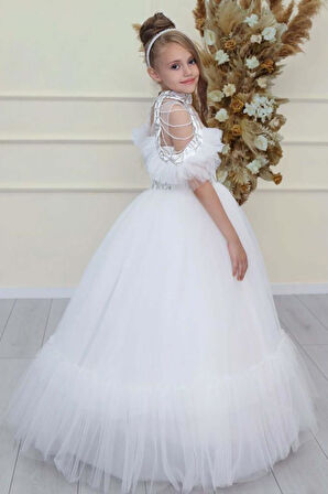 Kız Çocuk Göğsü Simli Jakar Detaylı Çıkarılabilir Yaka Omuzları İncili Kolsuz Beyaz Abiye