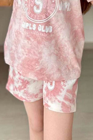 Kız Çocuk Florida Yazı Baskılı Penye T-Shirt Pudra Şortlu Takım