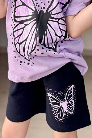 Kız Çocuk Kara Kalem Kelebek Baskılı Penye Lila T-Shirt Şortlu Takım