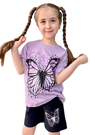 Kız Çocuk Kara Kalem Kelebek Baskılı Penye Lila T-Shirt Şortlu Takım