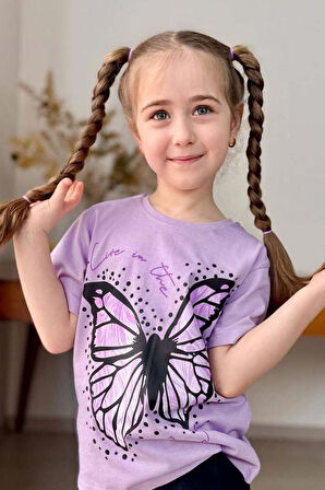 Kız Çocuk Kara Kalem Kelebek Baskılı Penye Lila T-Shirt Şortlu Takım